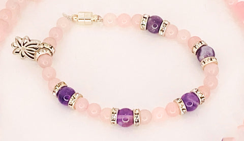 Rose Quartz & Amethyst Bracelet with Lotus charm