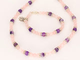 Rose Quartz & Amethyst necklace, bracelet set with Rhinestone spacers & Lotus charm